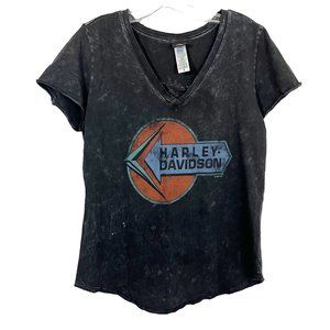 Harley-Davidson Black Acid Wash Short Sleeve V-Neck Graphic Tee Womens Medium